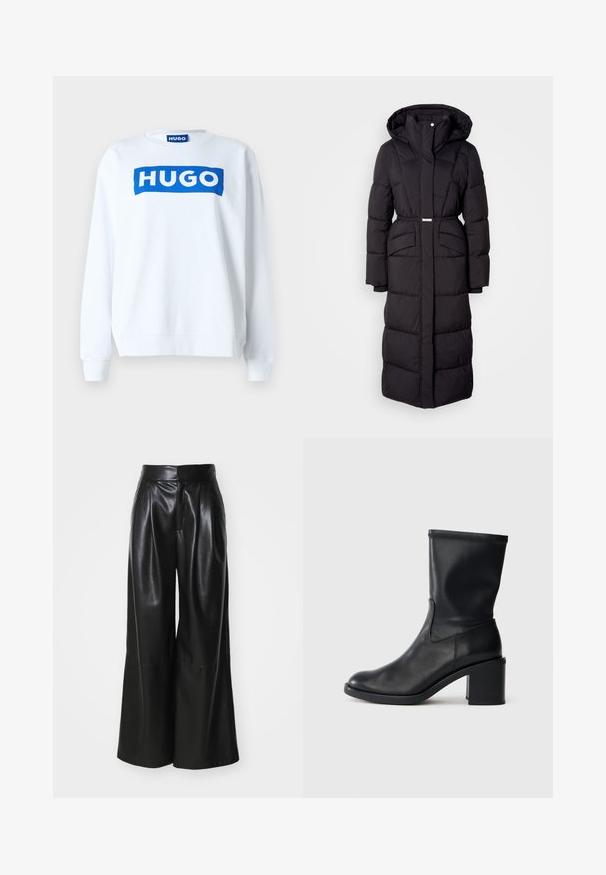 Langer schwarzer gepolsterter Wintermantel mit Kapuze, Fronttaschen, taillierter Passform und einem Reißverschluss auf der Vorderseite, vor einem weißen Hintergrund präsentiert.; Weißer Sweatshirt aus Baumwollmischung mit einem blauen "HUGO"-Logo auf der Vorderseite, Rundhalsausschnitt und gerippten Bündchen und Saum.; Schwarze Kunstleder-Hosen mit weit geschnittenem Bein, hoher Taille, plissierter Vorderseite und glatter Textur. Verfügt über ein sauberes, minimalistisches Design.; Schwarze Leder-Ankle Boots mit runder Zehenform, glatter Oberfläche und dicker Absatz, ausgestattet mit einem eng anliegenden Schaft und subtilen Nähten.