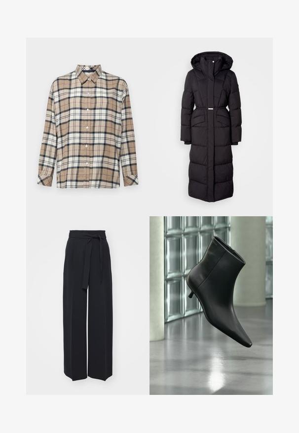 Lange zwarte gewatteerde winterjas met capuchon, voorzakken, een ceintuurlijn en een ritssluiting aan de voorkant, gepresenteerd op een witte achtergrond.; Beige, geruit overhemd met blauwe, rode en witte kruisende lijnen. Gemaakt van zacht materiaal met een knoopsluiting aan de voorkant en opgerolde mouwen.; Zwarte wijde broek van zachte stof. Voorzien van een ceintuur en plooien aan de voorkant. Glad textuur met een strakke, hedendaagse stijl.; Zwarte leren enkellaars met spits toelopende neus en lage kittenhak, schuin weergegeven tegen een gepolijste vloer en een glazen blokken muur als achtergrond.