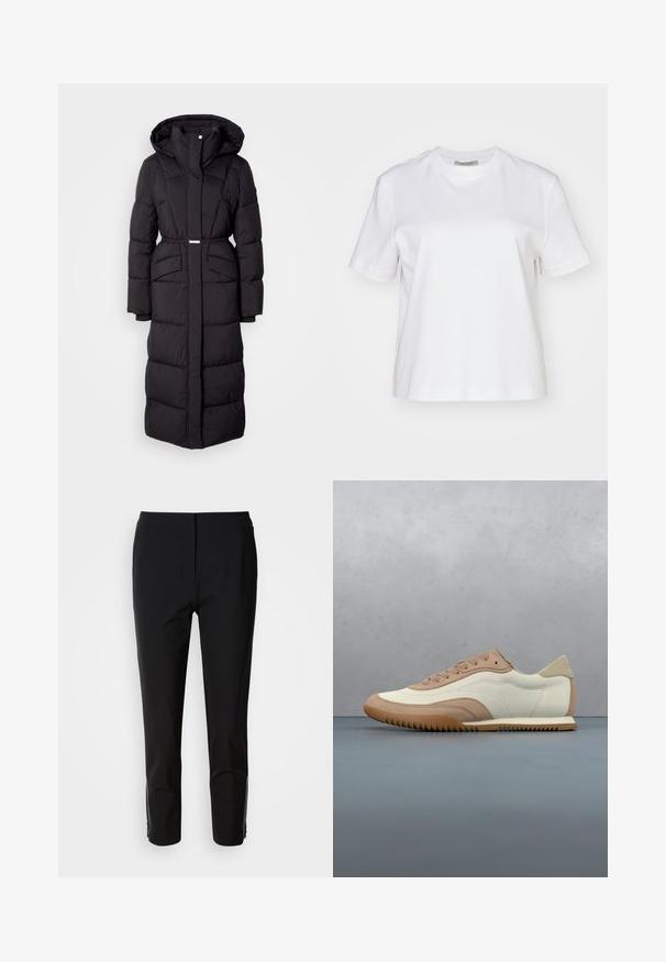 Long manteau d'hiver noir rembourré avec capuche, poches avant, taille ceinturée et fermeture éclair sur le devant, présenté sur un fond blanc.; AllSaints LISA TEE - T-shirt basique - white; Un pantalon noir avec une coupe droite, fabriqué en tissu lisse. Présente des accents zippés sur les côtés inférieurs. Un style épuré et minimaliste.; Baskets crème et beige avec une tige texturée, des lacets et une semelle en caoutchouc, présentées au-dessus d'une surface en bois avec des cailloux.