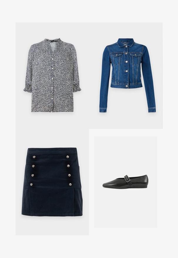 Jeansjakke i mellemblå farve med et cropped design, der har sølv farvede trykknapper, to brystlommer og lange ærmer med kontrast-syninger.; Marineblå bluse med leopardprint mønster, knaplukning og 3/4 ærmer med flæser. Lavet af letvægtsstof.; Marineblå corduroy nederdel med lige pasform, fem metalliske knapper foran og to sidelommer for funktionalitet.; Sorte læder flade sko med spidse tæer, prydet med en metallisk spænde over vristen og en lav, fleksibel sål.