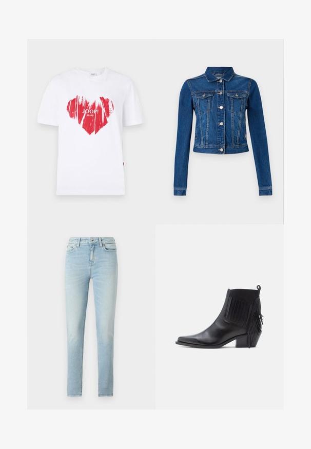Jeansjas in middelblauw met een cropped ontwerp, voorzien van zilveren drukknoopjes, twee borstzakken en lange mouwen met contrasterende stiksels.; Witte katoenen t-shirt met een grote rode hartafbeelding en de tekst "JOOP! JEANS" in het midden. Korte mouwen en een ronde hals.; Lichtblauwe skinny jeans met een vervaagde wassing, vijf-pocket ontwerp, rits- en knoopsluiting en een lichte stretch voor comfort.; Zwarte leren enkellaars met spits toelopende neus, textuurranden aan de zijkant en een lage blokhak. Soepele afwerking met een elastisch paneel.
