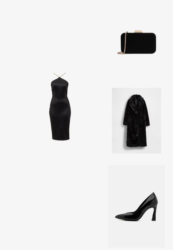 Sort faux pelsfrakke med stor krave, lange ærmer og afslappet pasform, med en blød, tekstureret overflade og uden synlige lukninger.; Sort satin bodycon-kjole med halterneck-design. Har en figursyet silhuet og en diskret glans. Tynde gyldne stropper fremhæver udskæringen.; Sort patentlæder højhælede sko med spids tå og blokhæln, der har et logoaccent. Glat, skinnende overfladetextur.; Sort velour clutch med guldfarvede detaljer, rektangulær form og kædestrop, der har en glat tekstur og ingen synlige mønstre.