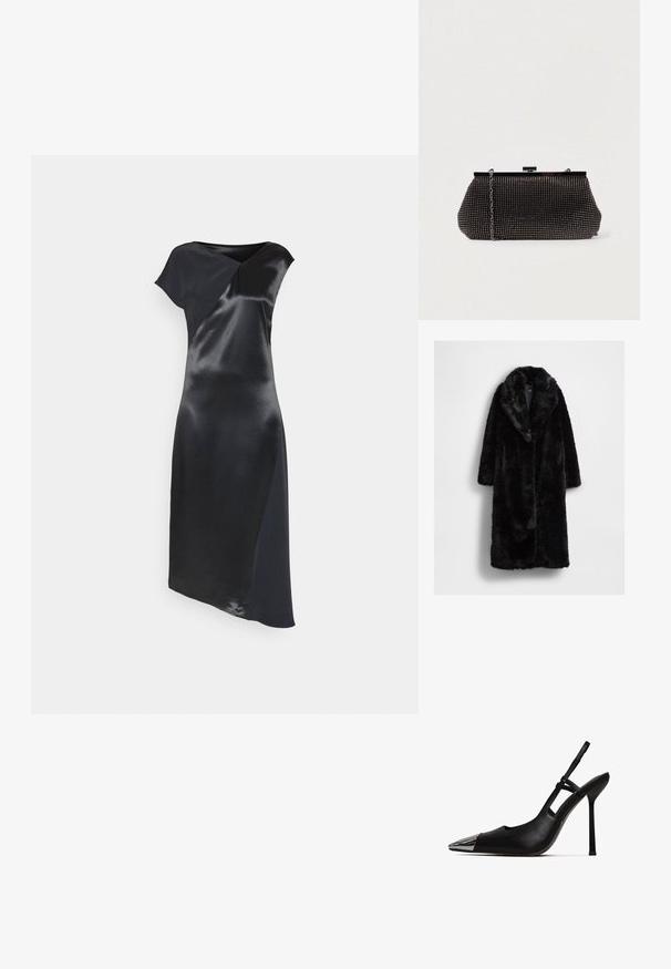 Schwarzer Kunstpelzmantel mit großem Kragen, langen Ärmeln und lockerer Passform, der eine weiche, strukturierte Oberfläche aufweist und keine sichtbaren Verschlüsse hat.; Calvin Klein NAIA SHINE MIDI DRESS - Cocktailkleid/festliches Kleid - black; Schwarzer Slingback-Pump mit spitzem Zeh und glänzender metallischer Kappe. Verfügt über einen hohen Stiletto-Absatz und einen schmalen Knöchelriemen. Glatte Lederoberfläche.; Schwarze Mesh-Clutch mit strukturierter Silhouette, verziert mit kleinen metallic-nieten, besitzt einen Verschluss mit Klappe und einen abnehmbaren Kettenriemen.