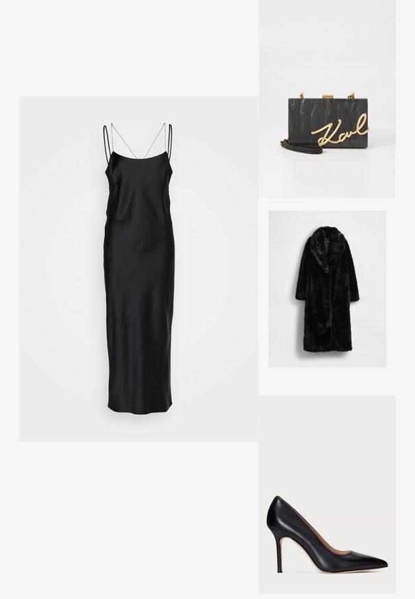 Schwarzer Kunstpelzmantel mit großem Kragen, langen Ärmeln und lockerer Passform, der eine weiche, strukturierte Oberfläche aufweist und keine sichtbaren Verschlüsse hat.; HUGO KENZEL - Cocktailkleid/festliches Kleid - black; Schwarze Leder-Pumps mit hohem Absatz, spitzem Schuhkopf und schlankem Stiletto-Absatz. Die glatte Textur und die minimalen Details verleihen ein klassisches Design.; KARL LAGERFELD SOIREE - Clutch - black