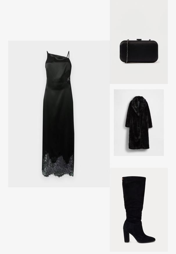 Sort faux pelsfrakke med stor krave, lange ærmer og afslappet pasform, med en blød, tekstureret overflade og uden synlige lukninger.; Sort satin kjole med en enkelt skulderrem, der har en scallop-lace kant og florale lace detaljer på siden. Glat tekstur hele vejen igennem.; Sort ruskind knæhøj damesko med blokhæle og spids tå, med et lille gyldent logo tag tæt på øverste bagside.; Sort rektangulær clutch lavet af glat materiale. Har en aftagelig kædestropp og en metallisk clasp på toppen. Enkel design med afrundede kanter.