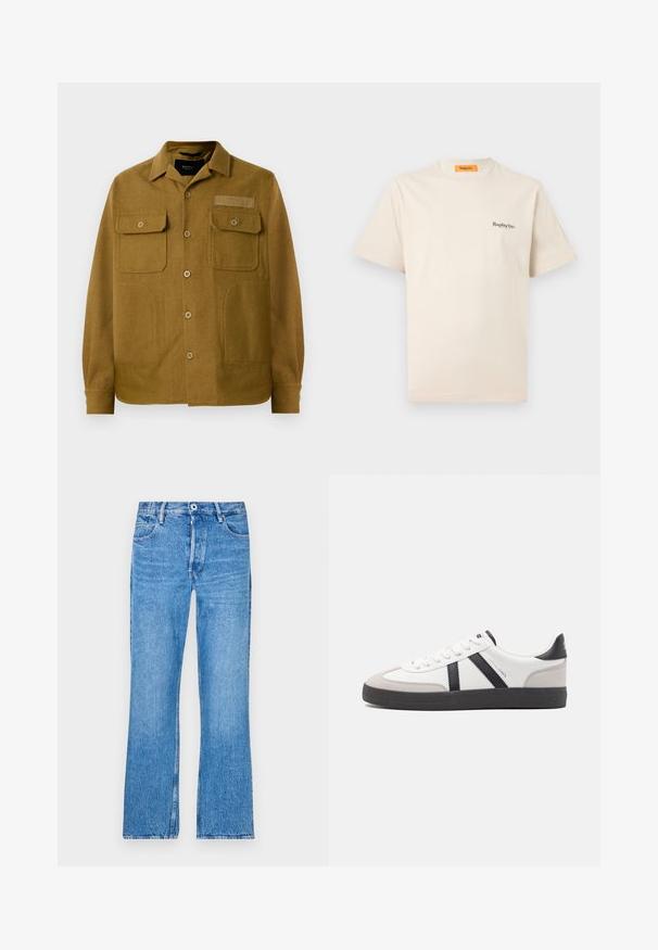 Braune Wollhemdjacke mit spitzem Kragen, zwei Brusttaschen und durchgehender Knopfleiste. Texturiertes Gewebe mit einem dezenten Muster.; Replay Inc. ESSENTIAL LOGO UNISEX - T-Shirt basic - ivory; Blaue, gerade geschnittene Jeans aus Denim mit einem verfärbten Waschlook. Mit Knopfverschluss, Gürtelschlaufen und dem klassischen Fünf-Taschen-Design.; Weiße Sneaker mit schwarz- und grau-aczenten, ausgestattet mit einer strukturierten grauen Zehenkappe, schwarzer Gummi-Sohle und flachen weißen Schnürsenkeln. Sauberes Design, minimalistische Stil.