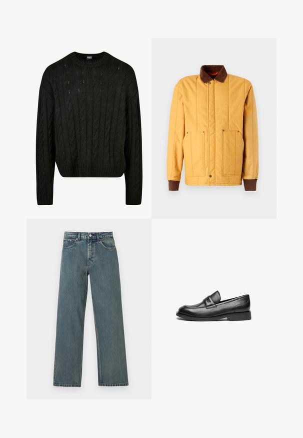 Brixton BUILDERS RANCH - Jas - spruce yellow; Zwart gebreid sweater met kabelpatronen, ronde hals, verlaagde schouders en geribbelde zoom. Halve crop ontwerp met een textuurafwerking.; Blauwe straight-leg spijkerbroek met vijf zakken, knoopsluiting en riemlussen op een eenvoudige lichte achtergrond.; Zwarte leren loafers hebben een afgeronde neus, een gestikte naad over de bovenkant en een lage, platte rubbere zool. Gladde textuur zonder zichtbare patronen.
