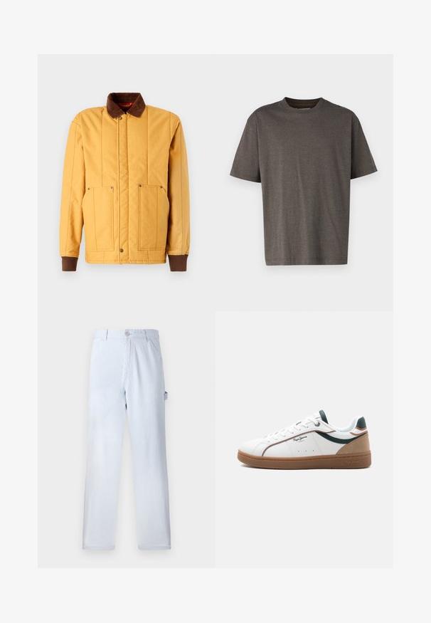 Brixton BUILDERS RANCH - Ελαφρύ μπουφάν - spruce yellow; T-shirt κοντομάνικος σε σκούρο γκρι χρώμα με υφασμάτινη, ραβδωτή υφή. Στρογγυλή λαιμόκοψη και χαλαρή εφαρμογή, κατασκευασμένο από μαλακό βαμβακερό υλικό.; Ελαφριά μπλε ρίγες παντελόνι από βαμβάκι. Σχεδίαση με ίσια πόδια, που διαθέτει μπροστινό κούμπωμα και πλευρικές τσέπες. Μαλακή υφή.; Άσπρο αθλητικό παπούτσι χαμηλού ύψους με καφέ σόλα, πράσινες και καφέ λεπτομέρειες, λευκά κορδόνια και λογότυπο "Pepe Jeans London" στο πλάι.