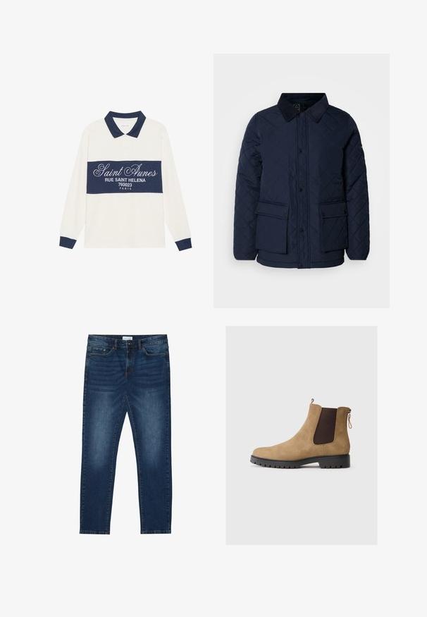 Veste matelassée marine avec un col en velours côtelé, présentant une fermeture à boutons-pression et deux poches frontales, confectionnée dans un tissu doux et texturé.; Polo à manches longues, crème et marine, en mélange de coton. Présente une bande marine avec du texte blanc et un col classique avec finition marine.; Jean slim-fit bleu foncé avec des détails délavés, design classique à cinq poches, fermeture à bouton et passants de ceinture.; Bottine chelsea en daim beige avec un bout rond, des panneaux latéraux élastiques, une languette à l'arrière et une semelle en caoutchouc texturée pour une meilleure adhérence.