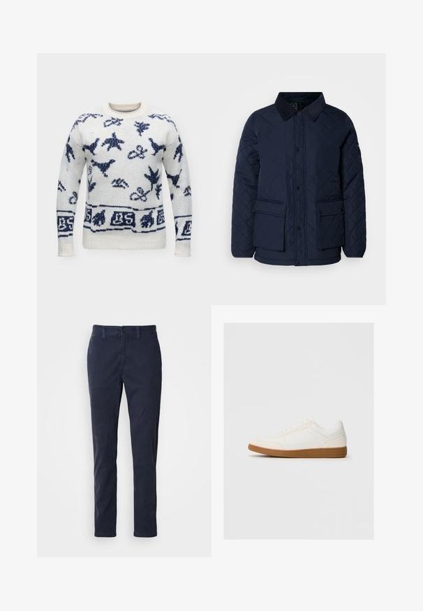 Veste matelassée marine avec un col en velours côtelé, présentant une fermeture à boutons-pression et deux poches frontales, confectionnée dans un tissu doux et texturé.; Pull blanc tricoté avec motifs abstraits d'oiseaux et de feuilles bleu marine, col rond et poignets et bas en côte.; Pantalons en coton bleu marine slim-fit avec passants de ceinture et fermeture à bouton, présentés sur un fond blanc.; Baskets blanches avec un capuchon en daim, un dessus en synthétique lisse et une semelle en caoutchouc marron. Présente des perforations sur les côtés pour une meilleure respirabilité.