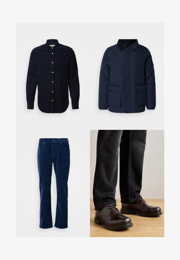 Navy Steppjacke mit einem cordartigen Kragen, ausgestattet mit Druckknopfverschluss und zwei Vordertaschen, gefertigt aus einem weichen, strukturierten Stoff.; Hemd aus mitteldicker Baumwollcord für Männer in Marineblau mit langen Ärmeln, button-down Kragen und vorderer Knopfleiste. Mit einem kleinen gestickten Logo auf der Brust.; Scotch & Soda THE ZEE STRAIGHT - Stoffhose - insignia blue; Braune Lederschuhe mit abgerundeter Spitze, Schnürdesign und dicker schwarzer Gummisohle, kombiniert mit dunkelblauen Jeans.