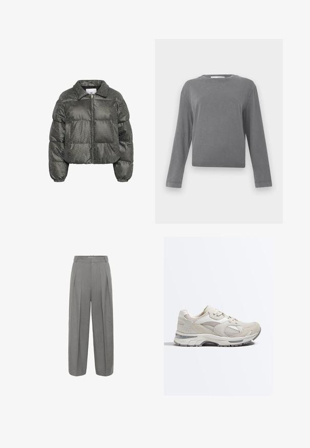 Skinnende sort cropped pufferjakke med fuld frontlynlås, krave og elastiske manchetter på lange quiltede ærmer.; Langærmet, ensfarvet grå crewneck skjorte med en let vaskede stoftekstur, vist mod en hvid baggrund.; Grå pindstribede bukser med høj talje, bred bendesign, folder og en glat tekstur. Har en linning med lynlås lukning.; Beige og hvid sportssneaker med mesh- og ruskindspaneler, snørelukning og tyk polstret sål med gråt mønster.