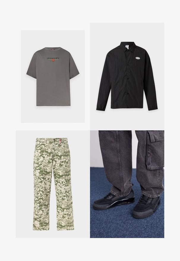 Veste noire légère à boutons avec manches longues, col et petit logo blanc "Nike SB" sur la poitrine gauche.; T-shirt gris à manches courtes avec le logo "OAKLEY" et un petit graphisme rouge centré sur la poitrine, présenté sur un fond blanc uni.; Pantalons droits pour hommes avec motif camouflage pixellisé vert et beige, poches avant, présentés sur un fond clair.; Des chaussures de sport noires avec une surface texturée, des accents lisses et une semelle épaisse, accompagnées de pantalons cargo larges et foncés.