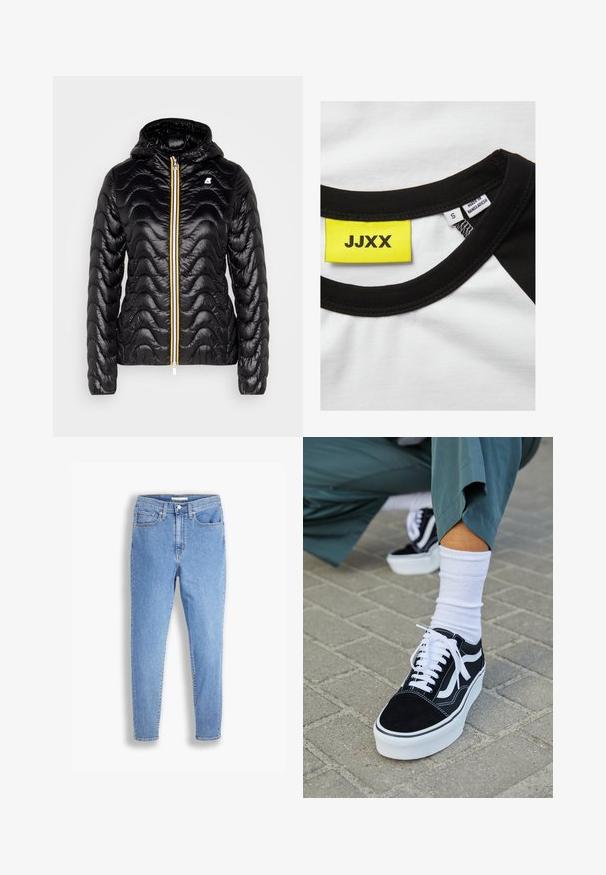 Zwarte pufferjack met golvend gewatteerd textuur, capuchon en contrasterende gele rits. Bevat logo op de bovenste linkerzijde.; JJXX JXGIGI LOGO TEE - T-shirt print - bright white/black; Lichtblauwe hoge taille slim-fit jeans met voor- en achterzakken, knoopsluiting en riemlussen op een witte achtergrond.; Zwarte suède sneaker met witte accenten en veters, uitgerust met een dikke witte zool en contrasterende stiksels, gecombineerd met een witte sok.