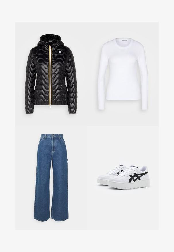 Sort pufferjakke med bølgende quiltet tekstur, hætte og kontrasterende gul lynlås. Har logo på den øverste venstre side.; Selected SLFDIANNA O NECK - Langærmet T-shirt - bright white; Bredde ben blå denimbukser med høj talje, kontrastsyede sømme og sidelommer, med et klassisk fem-lomme design og rå kanter.; Hvide sneakers med en struktureret overflade, sorte sidestrek og en tyk hvid sål. Har snørebåndsdesign og logo på tungen.