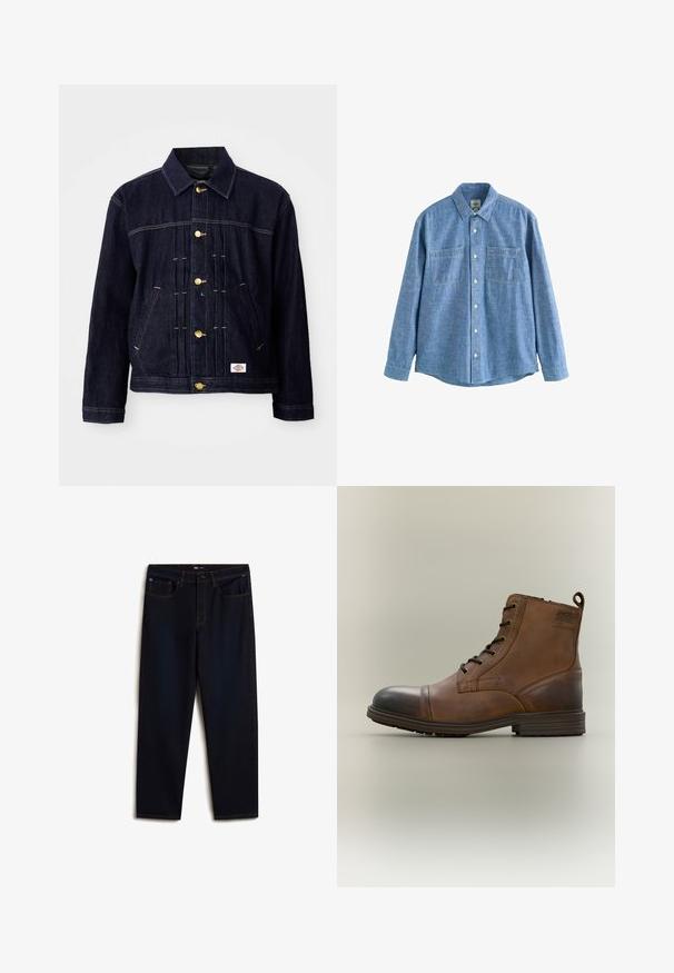 Mørkeblå denimjakke med klassisk design, gyldne knapper, to forlommer og synlige syningsdetaljer. Blød tekstur og struktureret form.; Langærmet blå chambray-skjorte med knaplukning foran og to brystlommer, lagt fladt på en hvid baggrund.; Vans Jeans Relaxed Fit - dark blue; Brun læderstøvle med snørebånd, sort tåhætte, rund sål og mærket detalje på siden mod ensfarvet baggrund.