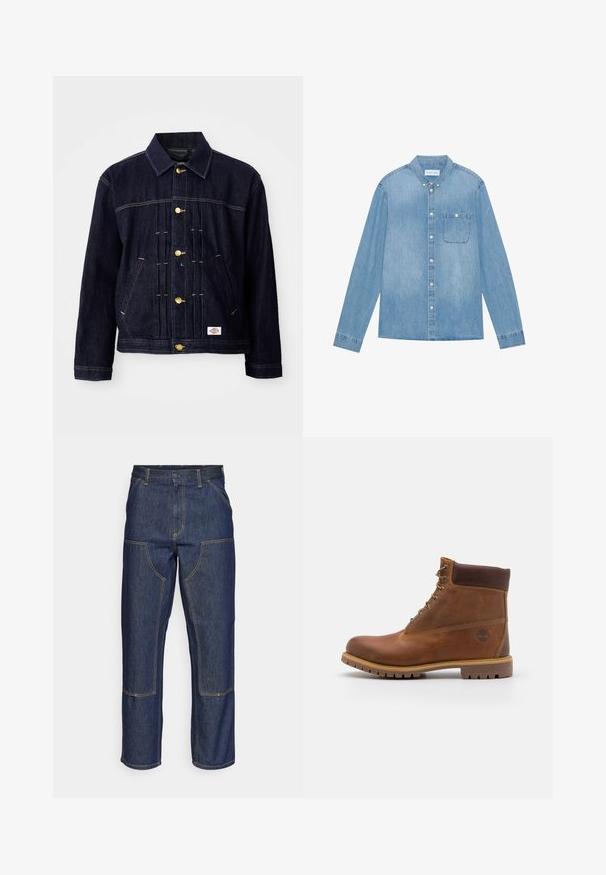 Donkerblauwe spijkerjack met een klassiek ontwerp, gouden knopen, twee voorzakken en zichtbare stiksel details. Zachte textuur en gestructureerde vorm.; Lichtblauw denim overhemd met knopen, lange mouwen, spitse kraag, één borstzak en subtiele vervaging op de stof.; Donkerblauwe denim jeans met een hoge taille, rechte pijpen, contrasterende stiksels en opgestikte zakken aan de voorkant.; Bruine leren wandelschoen met een gladde afwerking, gevoerde enkel, metalen oogjes en een rubberen zool met een robuust profiel.