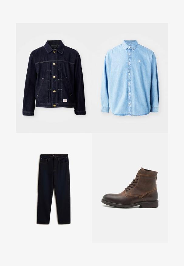Mørkeblå denimjakke med klassisk design, gyldne knapper, to forlommer og synlige syningsdetaljer. Blød tekstur og struktureret form.; Lysel blå denim skjorte med knapper og lange ærmer, spids krave og et lille logo på venstre bryst. Har en afslappet pasform og klassisk design.; Vans Jeans Relaxed Fit - dark blue; Jack & Jones JFWDELANEY BOOT - Snørestøvletter - cognac
