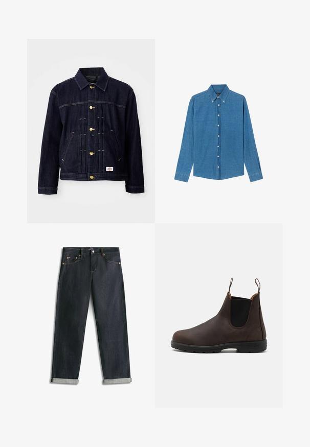 Donkerblauwe spijkerjack met een klassiek ontwerp, gouden knopen, twee voorzakken en zichtbare stiksel details. Zachte textuur en gestructureerde vorm.; Blauwe denim shirt met een button-down kraag, lange mouwen en knopen aan de voorkant. De stof heeft een gestructureerde afwerking met een klassieke snit.; Donkerblauwe spijkerbroek met omgeslagen boorden, vijf zakken en contrasterende stiksels, plat uitgespreid op een witte achtergrond.; Bruine leren enkelboot met elastische zijpanelen en lusjes, voorzien van een gestructureerde oppervlakte en een duurzame zwarte rubberen zool.