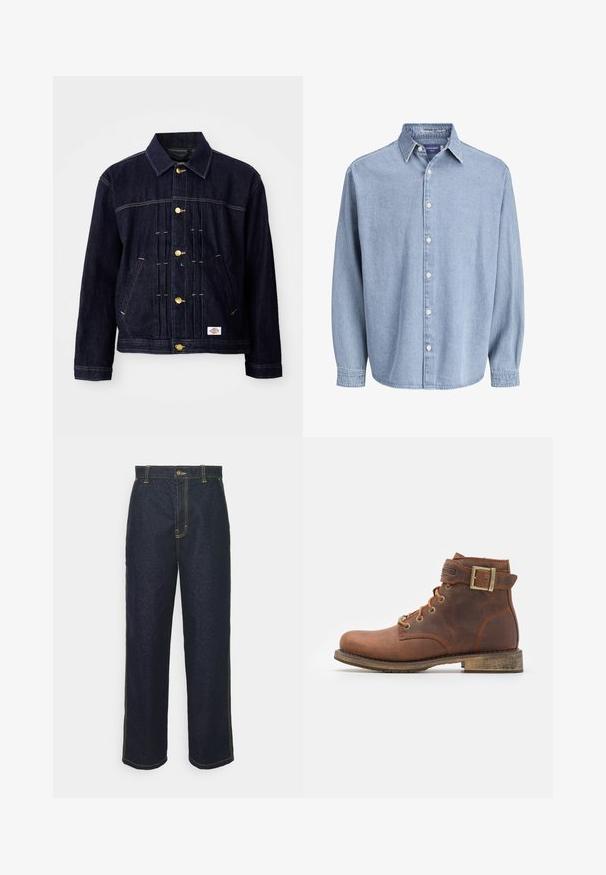 Veste en denim bleu foncé avec un design classique, boutons dorés, deux poches avant et détails de couture visibles. Texture douce et forme structurée.; Chemise en denim bleu clair à manches longues avec col et boutons blancs, présentée sur un fond blanc uni.; Jean en denim foncé à jambe large avec des coutures jaunes, dotés d'une fermeture à bouton à l'avant et de poches latérales. Texture lisse et design traditionnel.; Harley Davidson VNTGMOTO SHORT RIDING APPROVED - Bottines de cowboy / motard - brown