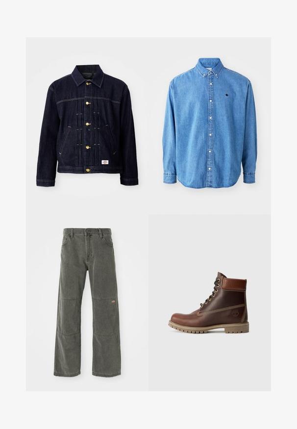 Tummansininen farkkutakki, jossa on klassinen muotoilu, kultaiset napit, kaksi etutaskua ja näkyvät sauman yksityiskohdat. Pehmeä rakenne ja jämäkkä muoto.; Denim-paitapaita, vaaleansininen, jossa on kaulus, pitkät hihat ja pieni logo rinnassa. Valkoiset napit ja ommeltu sauma.; Tummanharmaat leveä lahkeiset housut, jotka on valmistettu kestävästä kankaasta. Housuissa on polvipaikat, klassinen etuvetoketjukiinnitys ja ommeltuja yksityiskohtia.; Ruskohitsit nahkasaappaat, joissa on nauhakiinnitys, pehmustettu kaulus, kontrastiväriset ompeleet ja kestävä pohja. Kuvassa saappaat esitetään ulkopuolelta valkoista taustaa vasten.