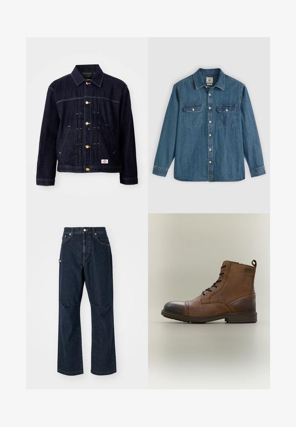 Mørkeblå denimjakke med klassisk design, gyldne knapper, to forlommer og synlige syningsdetaljer. Blød tekstur og struktureret form.; Blå denimskjorte med lange ærmer, knappet front, to brystlommer og krave. Har syningsdetaljer og en afslappet pasform.; Mørkeblå denim jeans med lige ben, frontlommer og en sidelomme. Har stiklinger i kontrastfarve og en knap i taljen.; Brun læderstøvle med snørebånd, sort tåhætte, rund sål og mærket detalje på siden mod ensfarvet baggrund.