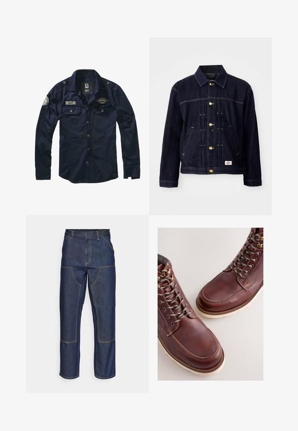 Mørkeblå denimjakke med klassisk design, gyldne knapper, to forlommer og synlige syningsdetaljer. Blød tekstur og struktureret form.; Mørkeblå skjorte med knapper, lange ærmer, to brystlommer og broderede patches på venstre skulder og bryst. Glat stofstruktur.; Mørkeblå denim jeans med høj talje, lige ben-design, kontrastsyninger og lappelommer foran.; Brune læderstøvler med en glat finish, med metal-øjer, grå snørebånd og en cremefarvet gummisål. Syning langs kanterne som detalje.