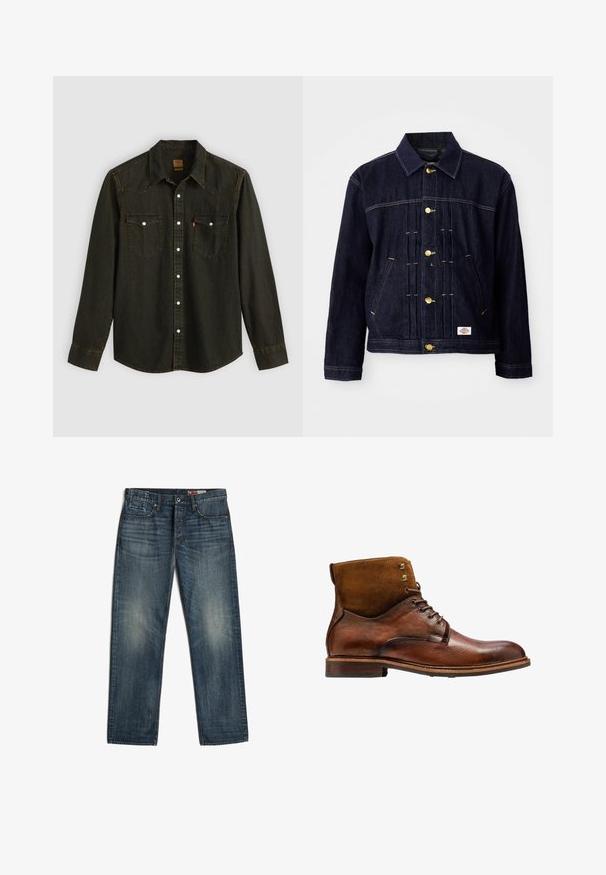 Donkerblauwe spijkerjack met een klassiek ontwerp, gouden knopen, twee voorzakken en zichtbare stiksel details. Zachte textuur en gestructureerde vorm.; Zwart denim overhemd met lange mouwen, puntige kraag, twee borstzakken, zilveren knopen en gele stiksels. Klassiek westers ontwerp.; Donkerblauwe rechtbenige denim jeans met voorzakken en knoopsluiting, met subtiele vervaagde plekken op de dijen en knieën.; Kazar ALID - Veterboots - brown