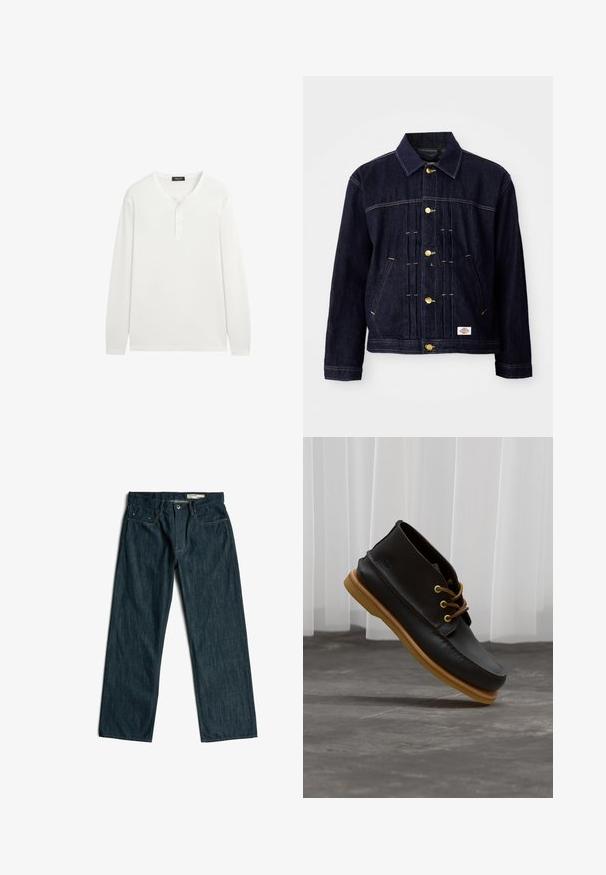 Donkerblauwe spijkerjack met een klassiek ontwerp, gouden knopen, twee voorzakken en zichtbare stiksel details. Zachte textuur en gestructureerde vorm.; Wit henleyshirt met lange mouwen, een ronde hals en drie kleine knoopjes op de voorpaspel.; Donkerblauwe loszittende spijkerbroek met knoop- en ritssluiting, voorzakken en riemlussen, plat gelegd op een witte achtergrond.; Zwarte leren schoenen met een gladde afwerking, ronde neus, bruine veters en lichtbruine rubberen zolen. Logo gegraveerd aan de zijkant.