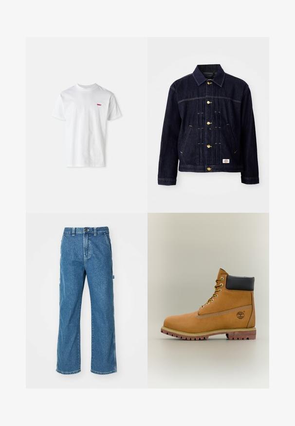 Mørkeblå denimjakke med klassisk design, gyldne knapper, to forlommer og synlige syningsdetaljer. Blød tekstur og struktureret form.; Hvid bomulds tshirt med rund hals og korte ærmer, prydet med et lille rødt "OBEY" logo på venstre bryst.; Blå denim cargo bukser med en afslappet pasform, der har sidelommer, lynlås og kontrastsyninger på sømmene.; Brun læderankelstøvle med sort krave, gule snørebånd og tanfarvet sål. Har logo og hvide syninger som detalje. Robust ydersål med greb.