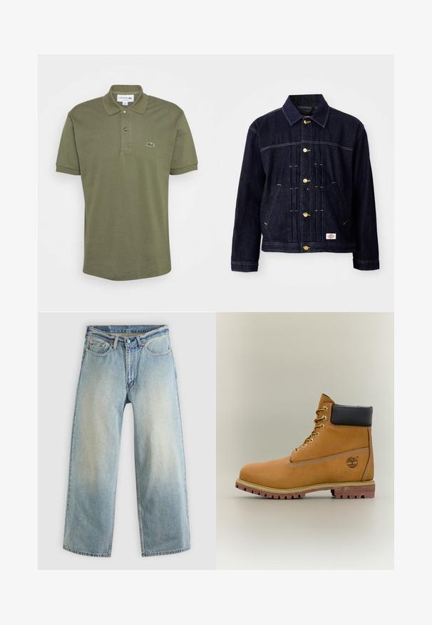 Mørkeblå denimjakke med klassisk design, gyldne knapper, to forlommer og synlige syningsdetaljer. Blød tekstur og struktureret form.; Oliven grøn polo skjorte, kortærmet, med to-knaps placket, ribbet krave, prydet med et broderet Lacoste-logo på venstre bryst. Fremstillet af bomuldsmateriale.; Lyseblå, vidbenede cowboybukser med en falmet finish. Har et standard fem-lomme-design og lukning med metal knap.; Brun læderankelstøvle med sort krave, gule snørebånd og tanfarvet sål. Har logo og hvide syninger som detalje. Robust ydersål med greb.