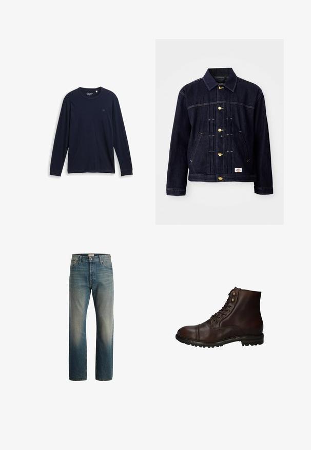Mørkeblå denimjakke med klassisk design, gyldne knapper, to forlommer og synlige syningsdetaljer. Blød tekstur og struktureret form.; Marine langærmet T-shirt lavet af blødt bomuld, med rund halsudskæring, syede kanter og et lille broderet logo på brystet.; Blå falmede straight-leg denimjeans med knap- og lynlåslukning, for- og baglommer, præsenteret på hvid baggrund.; Mørkebrun læder snørebånd ankelstøvle med robuste gummisål og metaløjer, set fra den ydre side.