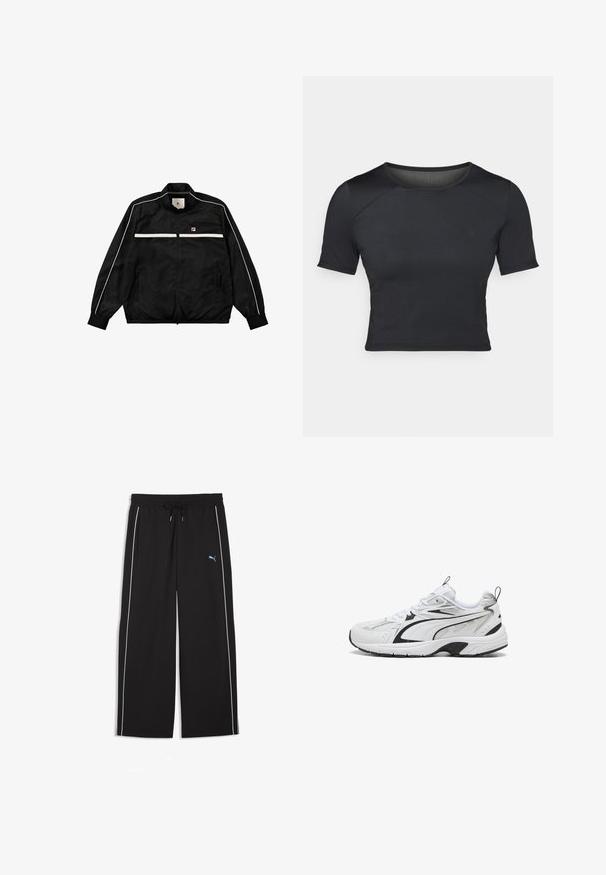 Schwarze Nylon-Trainingsjacke mit weißen Akzentstreifen, hohem Kragen, Reißverschluss, elastischen Bündchen und FILA-Logo auf der linken Brust.; Schwarzes, kurzärmliges Crop-Top aus glattem, elastischem Stoff mit rundem Ausschnitt und dezenten Nahtdetails an den Schultern.; Schwarze, locker sitzende Hose mit elastischem Bund und Kordelzug, weißen Seitenstreifen, Fronttaschen und kleinem blauem Puma-Logo am linken Oberschenkel.; Schwarze und weiße Sport sneakers mit Mesh- und Lederdetails, Schnürverschluss und dicker gepolsterter Sohle auf weißem Hintergrund.