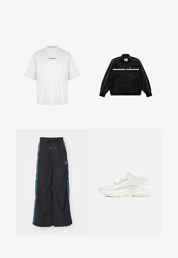 Sort nylon træningsjakke med hvide accentstriber, høj krave, lynlås lukning, elastiske manchetter og FILA-logo på venstre bryst.; Hvid bomulds t-shirt med høj rund hals og korte ærmer. Har "PEGADOR" trykt i sort centralt på brystet.; Sorte bukser med bred benvidde, som har en snøre i taljen, teal-farvede sidelægger og hvide accentstriber. Fremstillet af et glat og let materiale.; Hvid chunky sneaker med tyk sål, snørelukning foran og glat syntetisk overdel med subtile syningsdetaljer.