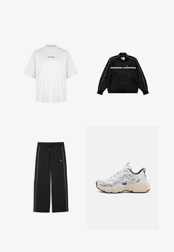Sort nylon træningsjakke med hvide accentstriber, høj krave, lynlås lukning, elastiske manchetter og FILA-logo på venstre bryst.; Hvid bomulds t-shirt med høj rund hals og korte ærmer. Har "PEGADOR" trykt i sort centralt på brystet.; Sorte løstsiddende bukser med elastisk taljebånd og snøring, hvide sidestriber, forlommer og lille blåt Puma-logo på venstre lår.; Hvid sportsko med mesh- og syntetiske paneler, sølvdetaljer, chunky creme farvet sål og kontrasterende sorte detaljer. Har snøresystem.