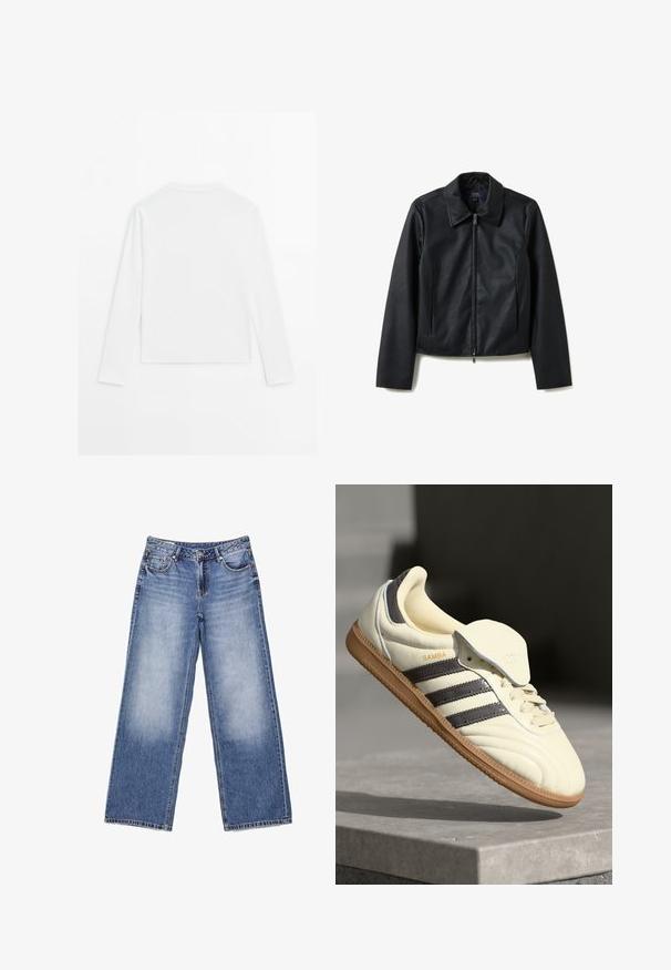 Schwarze Jacke aus Kunstleder mit langen Ärmeln, Vorderreißverschluss und weitem Kragen, auf weißem Hintergrund dargestellt.; Schlichtes weißes Langarmshirt flach liegend dargestellt, Rückseite sichtbar, einfacher Rundhalsausschnitt, minimalistisches Design, keine Muster oder Logos.; Hellblaue Denim-Jeans mit weitem Bein, Fronttaschen, Gürtelschlaufen, Knopfverschluss und dezentem Verblassen an den vorderen Oberschenkeln.; Cremfarbene Ledersneaker mit drei dunklen Streifen, einer braunen Gummisohle und einer abgerundeten Zehenpartie. Hat eine faltbare Zunge, die mit "SAMBA" beschriftet ist.