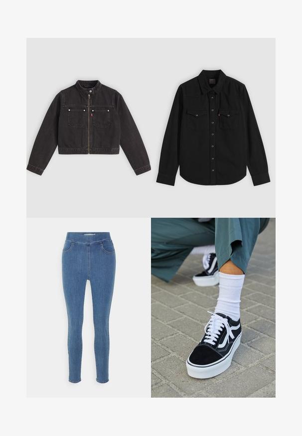 Sort cropped denimjakke med frontlynlås, to brystlommer med sølvknapper og en trykknapkrave.; Sort langærmet skjorte med knapper, to brystlommer foran og krave, vist fladt på en lysegrå baggrund.; Blå denim jeggings med en glat tekstur, høj talje, fem-lomme design og tapered ben. Standard længde med en simpel kant.; Sorte ruskinds sneakers med hvide accenter og snørebånd, der har en tyk hvid sål og kontrasterende syninger, parret med en hvid sok.