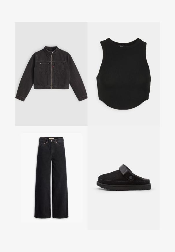 Sort cropped denimjakke med frontlynlås, to brystlommer med sølvknapper og en trykknapkrave.; Sort ribbet crop top med høj hals og ærmeløs design. Blød tekstur med tætsiddende pasform og let buet kant.; Sorte brede benjeans lavet af denim, med fem lommer, kobbernitter og en klassisk knaplukning. Glat tekstur med et rent design.; Sorte ruskindssandaler med rund tå, blød tekstur, justerbar rem og en tyk gummisål med mønstret slidbane for godt greb.