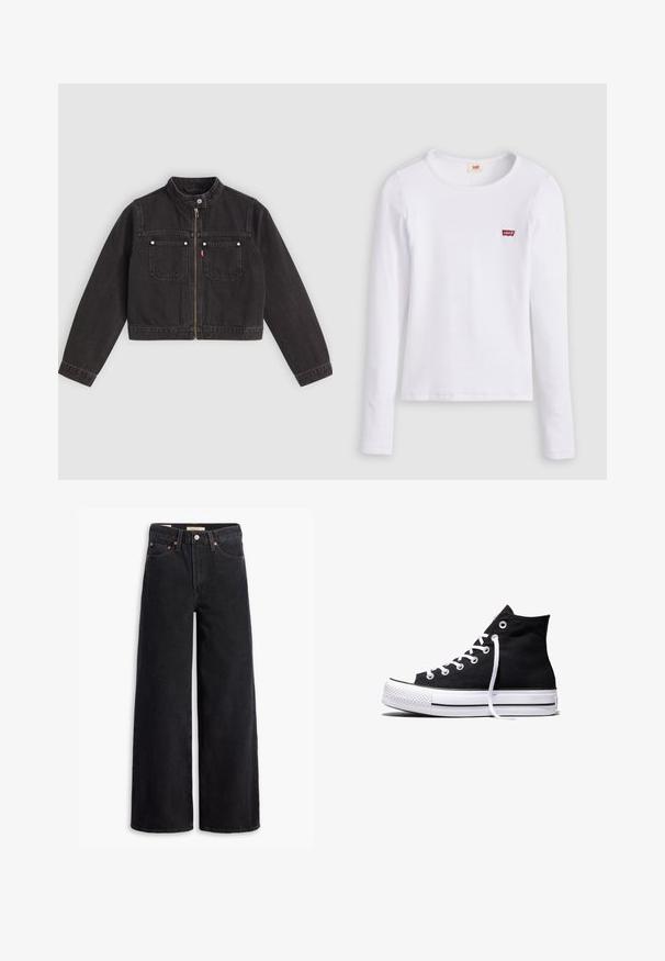 Sort cropped denimjakke med frontlynlås, to brystlommer med sølvknapper og en trykknapkrave.; Hvid Levi's langærmet skjorte med rund halsudskæring og lille rødt Levi's-logo på venstre bryst, vist på en ensfarvet baggrund.; Sorte brede benjeans lavet af denim, med fem lommer, kobbernitter og en klassisk knaplukning. Glat tekstur med et rent design.; Sort high-top canvas sneaker med hvid gummisål og hvide snørebånd, vist fra siden mod en hvid baggrund.