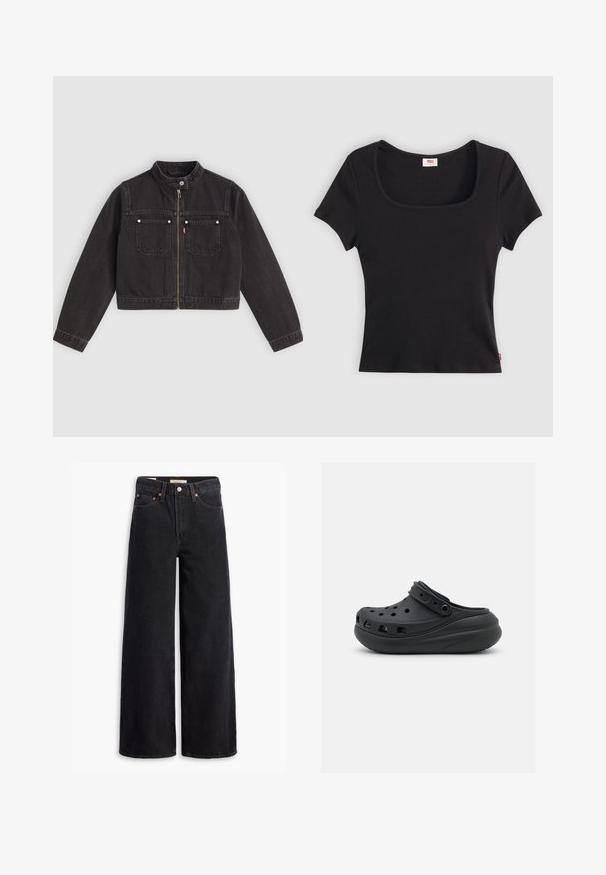 Sort cropped denimjakke med frontlynlås, to brystlommer med sølvknapper og en trykknapkrave.; Sort kortærmet top lavet af ribbet stof, med en bred firkantet udkæring og en tætsiddende pasform, udstyret med et lille rødt logo-tag nederst.; Sorte brede benjeans lavet af denim, med fem lommer, kobbernitter og en klassisk knaplukning. Glat tekstur med et rent design.; Sorte gummiklipper med ventilationshuller, hævet hæl og justerbar rem. Glat tekstur og rund form.