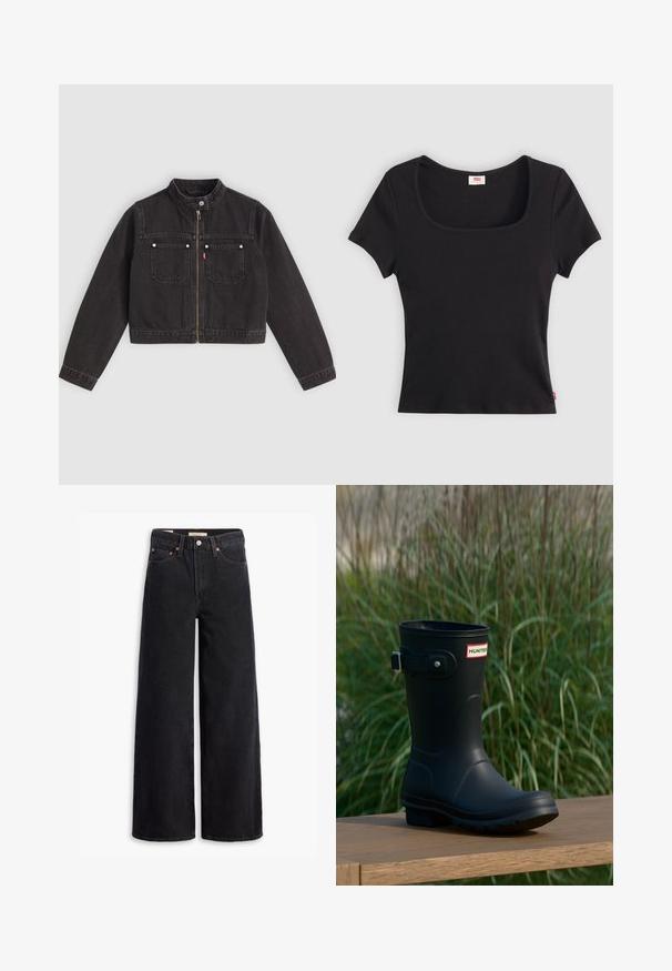 Sort cropped denimjakke med frontlynlås, to brystlommer med sølvknapper og en trykknapkrave.; Sort kortærmet top lavet af ribbet stof, med en bred firkantet udkæring og en tætsiddende pasform, udstyret med et lille rødt logo-tag nederst.; Sorte brede benjeans lavet af denim, med fem lommer, kobbernitter og en klassisk knaplukning. Glat tekstur med et rent design.; Sorte gummistøvler med en blank finish, der har en sølvspænde og en logo-patch. Sålen er tekstureret for bedre greb.
