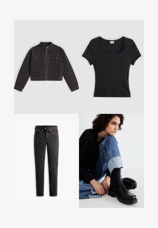 Sort cropped denimjakke med frontlynlås, to brystlommer med sølvknapper og en trykknapkrave.; Sort kortærmet top lavet af ribbet stof, med en bred firkantet udkæring og en tætsiddende pasform, udstyret med et lille rødt logo-tag nederst.; Sorte denim jeans med lige ben, der har fem lommer, kobberhardware og en let slidte måde.; Sorte ankelstøvler med elastiske sidepaneler, tyk sål og firkantet tå. Båret med slidte blå jeans med en frynset kant.