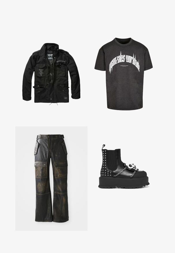 Brandit MOTÖRHEAD M65 - Overgangsjakke - black; Sort bomulds T-shirt med korte ærmer. Har hvidt, fedt grafisk tekst på forsiden med et buet design og takkede detaljer.; Sorte læder cargo bukser med en slidt tekstur, der har store sidelommer, høj talje og kontrasterende syninger langs sømmene.; Sort platformstøvle med sølvnitter, kædedetaljer og en hvid kranie dekoration på frontpanelet.
