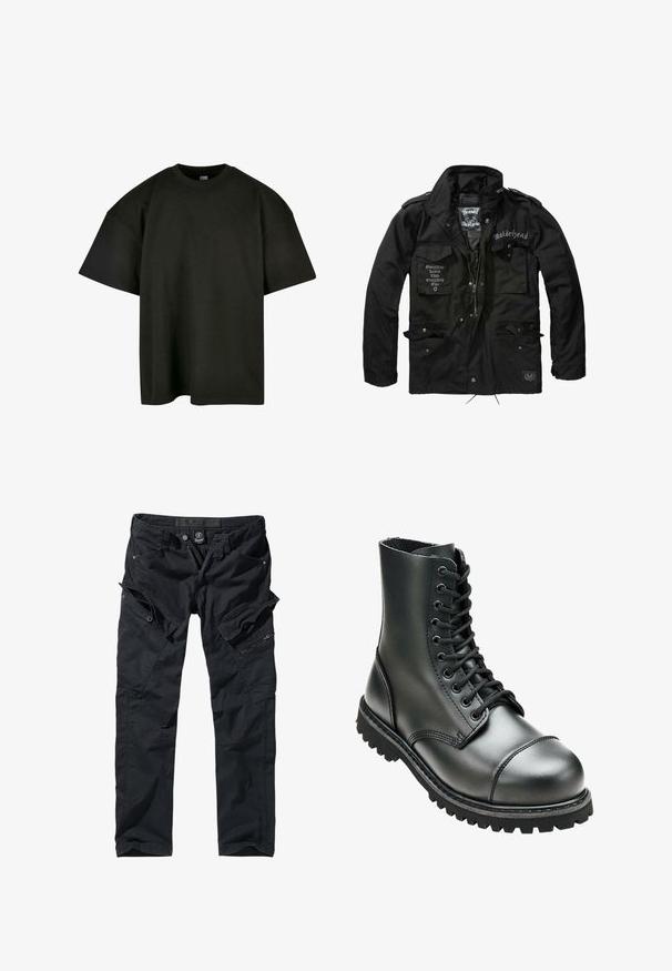 Brandit MOTÖRHEAD M65 - Overgangsjakke - black; Sort oversized t-shirt i blød bomuld. Har en rund crew neckline og korte ærmer, med en glat tekstur og minimalistisk design.; Sorte cargo bukser lavet af slidstærkt stof med flere lommer, lynlåse og en justerbar talje for funktionalitet og komfort.; Sort læderkampstøvle med høj ankel, rund tå, snørebånd foran og robust gummisål med dybe mønstre for godt greb.