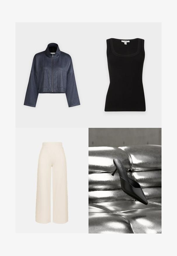 Veste courte gris foncé avec manches longues larges, col montant, fermeture éclair à l'avant et deux poches rectangulaires discrètes à l'avant.; Débardeur noir côtelé sans manches avec encolure carrée, coupe ajustée, et étiquette Topshop au niveau du col arrière.; Pantalon ample crème à taille haute avec panneaux latéraux texturés, présenté sur un fond uni.; Mule noire à bout pointu avec un talon fin, posée sur une surface matelassée argentée brillante et métallique.