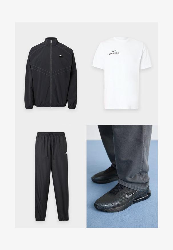 Sort nylon vindjakke med opretstående krave, lynlås foran og elastiske ærmeafslutninger, med kontraststikninger og en lille logo-patch.; Hvid bomulds T-shirt med korte ærmer. Har en sort "Nike Official"-logo og en sort swoosh på venstre brystside.; Sorte joggerbukser med elastisk taljebånd og justerbar snor. Glat, letvægtsmateriale med en lille hvid Nike-logo.; Sorte Nike træningssko med en struktureret overdel, perforerede detaljer og en synlig luftdæmpningsenhed, parret med grå bukser.