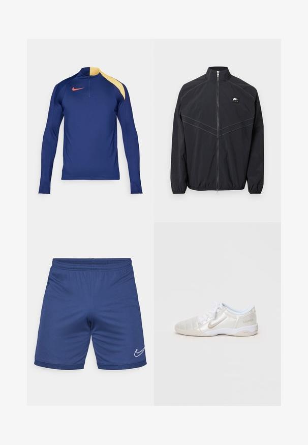 Chaqueta cortavientos de nylon negro con cuello alto, cierre frontal de cremallera y puños elásticos, con costuras contrastantes y un pequeño parche con logotipo.; Camiseta deportiva de manga larga en azul marino con un acento amarillo en el hombro, cuello con media cremallera y el logotipo de Nike en rojo en el pecho.; Pantalones cortos deportivos azules hechos de material ligero. Cuentan con una cintura elástica y el logotipo de Nike en blanco en el lado inferior.; Zapatillas deportivas plateadas claras con un upper liso y brillante, paneles cosidos, cordones blancos y acentos beige en el talón y el logo.