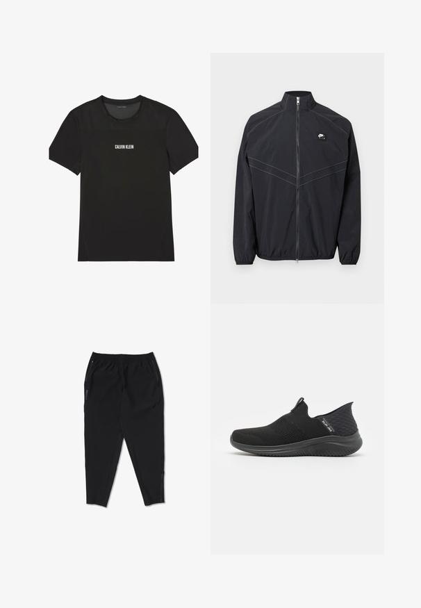Zwarte nylon windjack met een opstaande kraag, ritssluiting aan de voorkant en elastische manchetten, met contrasterende stiksels en een klein logo-patch.; Zwart sportief T-shirt met korte mouwen, met een mesh gedeelte op de bovenborst en schouders, met het logo "Calvin Klein" centraal op de voorkant.; Zwarte sportbroek met elastische tailleband, ritssluiting aan de zijzakken, zijritsen bij de enkels en het "BROOKS"-logo op de linker bovenbeen.; Zwarte instap schoenen met een ademend mesh bovenwerk, gestructureerd ontwerp, flexibele zool en een gladde, gevoerde voetbed.