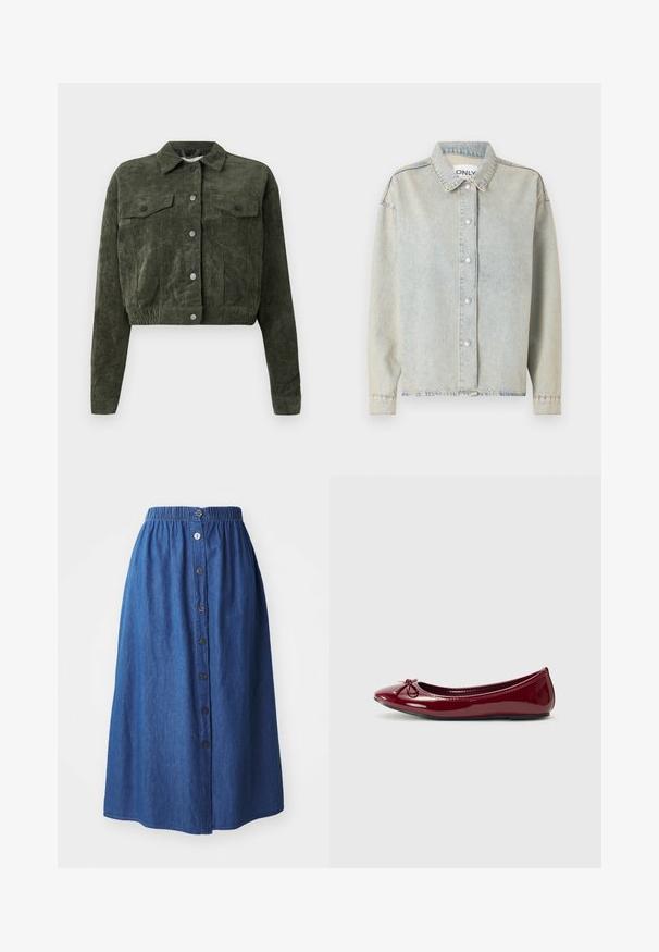 Olivengrøn, cropped cordurojjakke med lange ærmer, knaplukning fortil, to brystlommer med klap og en klassisk krave.; Lyseblå denimjakke med krave, frontknapper med trykknap, lange ærmer og en afslappet pasform med synlige sømdetaljer.; Denim nederdel med elastisk talje, blå stof, fuld længde, front lukning med knapper og subtil tekstur. Ingen synlige mønstre eller accenter.; Balletflade i glat burgundy patentlæder, med rund tå og lille sløjfedetalje foran. Glat overflade, lav hæl.