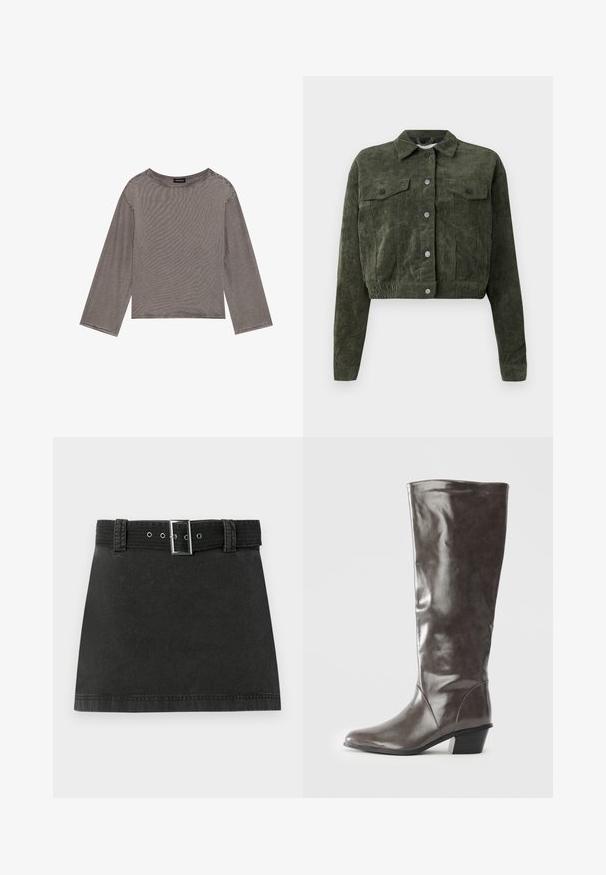 Chaqueta de pana verde oliva, corta, con mangas largas, botones en la parte delantera, dos bolsillos en el pecho con solapa y un cuello clásico.; Top gris de manga larga hecho de una tela ligera con un corte holgado, que presenta un escote redondo y acentos de dobladillo deshilachado.; Falda mini de mezclilla negra con un cinturón a juego que cuenta con una hebilla metálica y pasadores, exhibida plana sobre un fondo blanco.; Bota de cuero gris oscuro para mujer alta, con tacón medio y punta redonda, mostrada de lado sobre un fondo blanco.